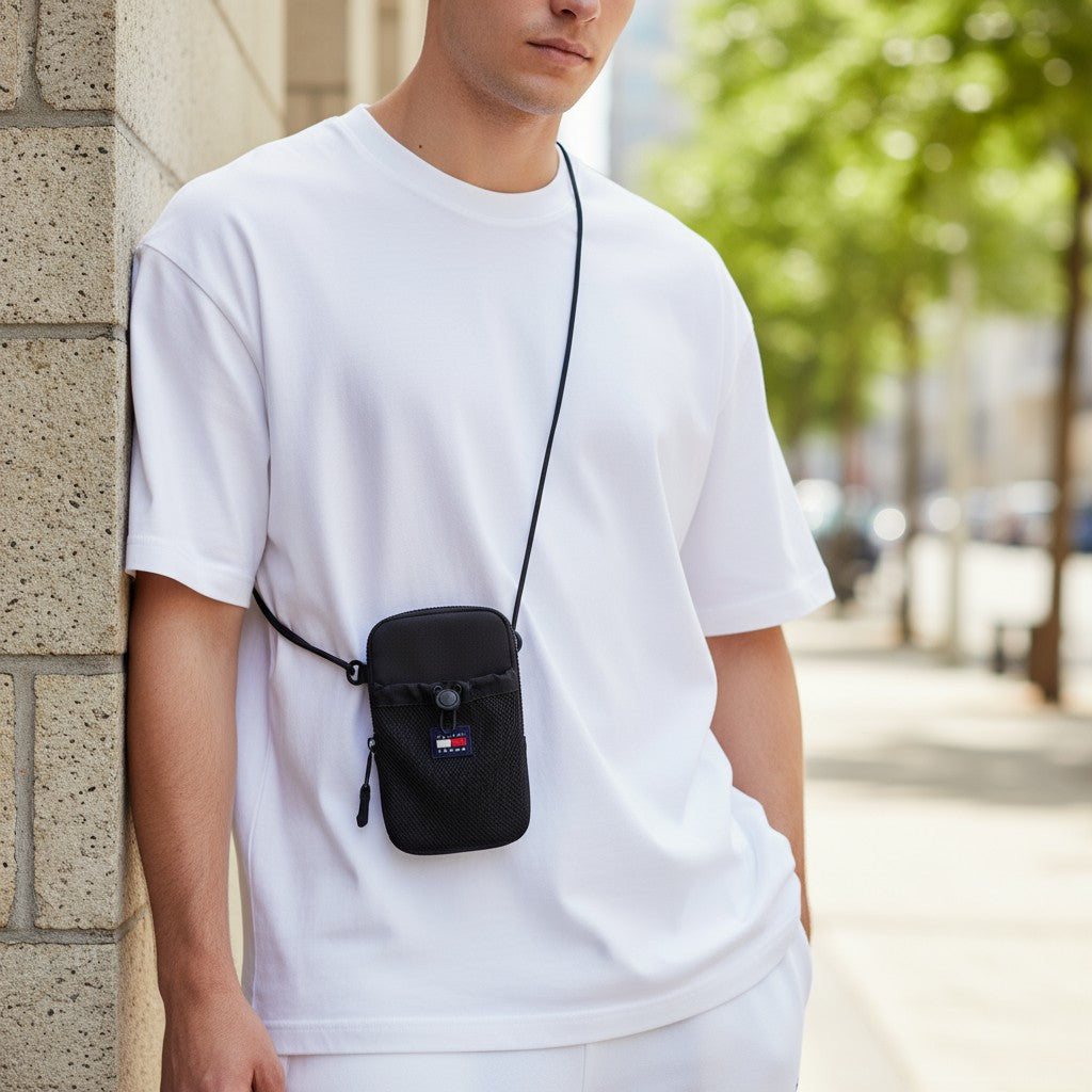 TOMMY HILFIGER Modern Tech Phone Pouch Men Bag Black Zipper Drawstring Unisex