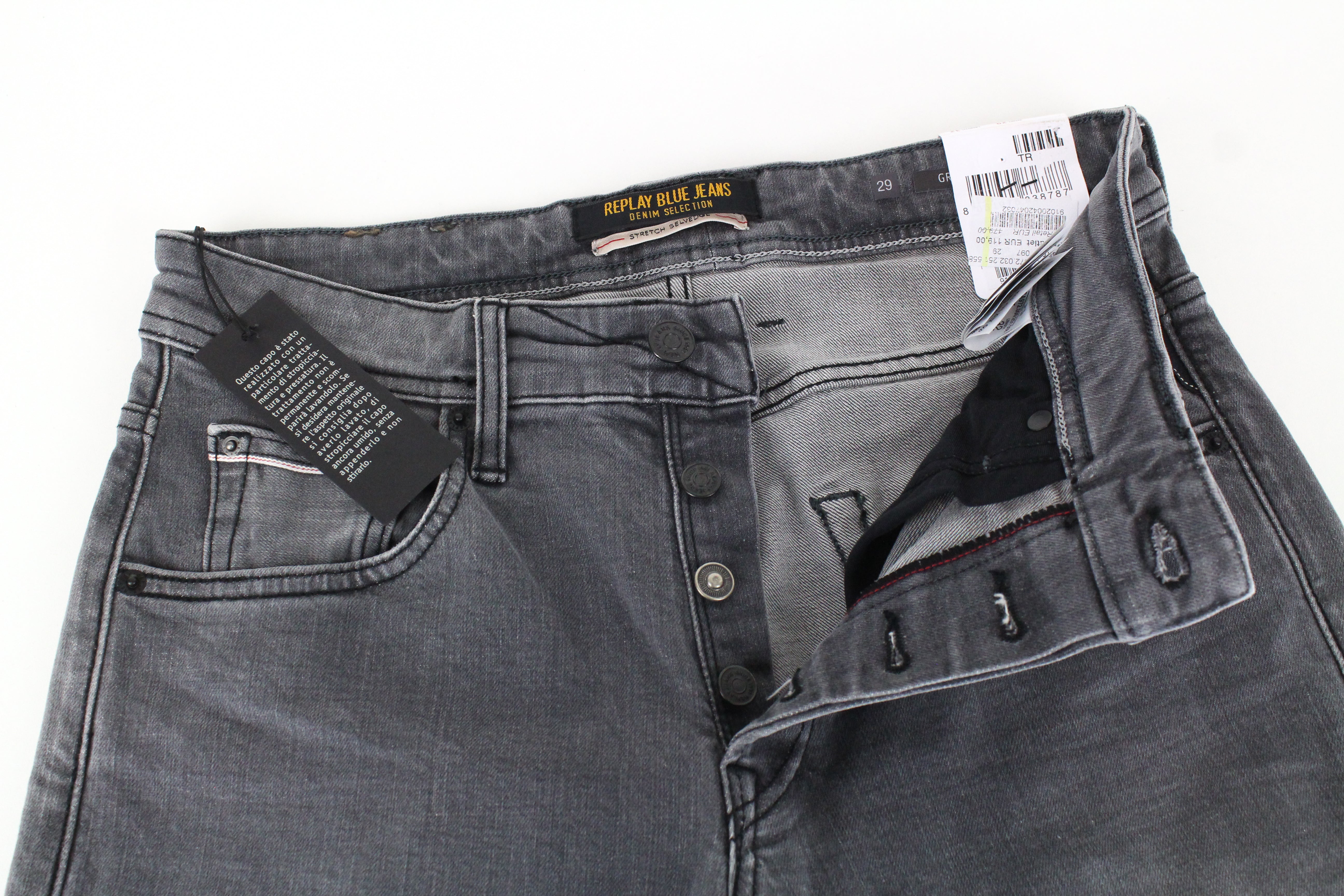 REPLAY Grover Men Jeans W29/L32 Straight Fit Cotton Stretch Grey Selvedge