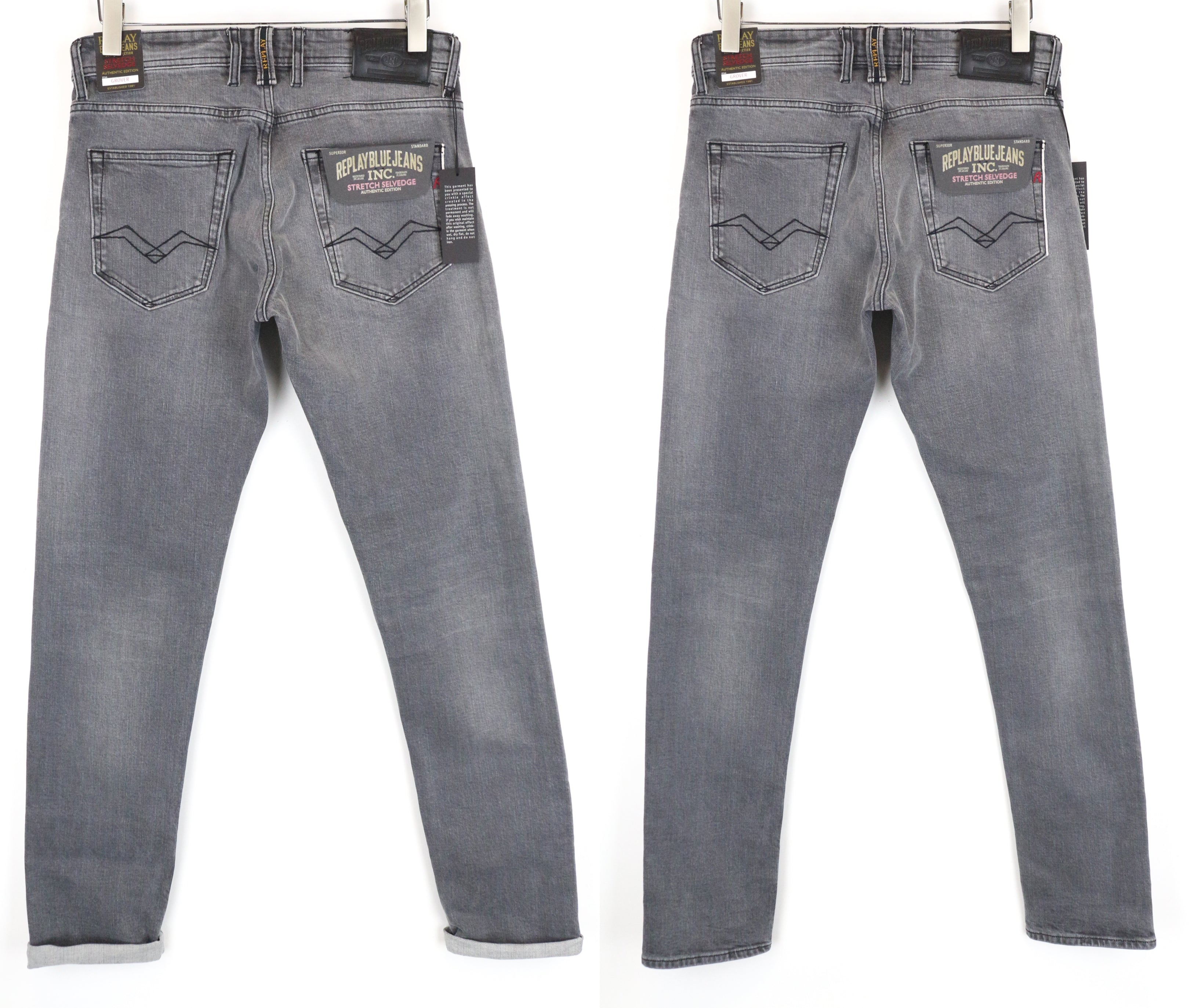 REPLAY Grover Men Jeans W30/L34 Selvedge Straight Grey Cotton Stretch Washed