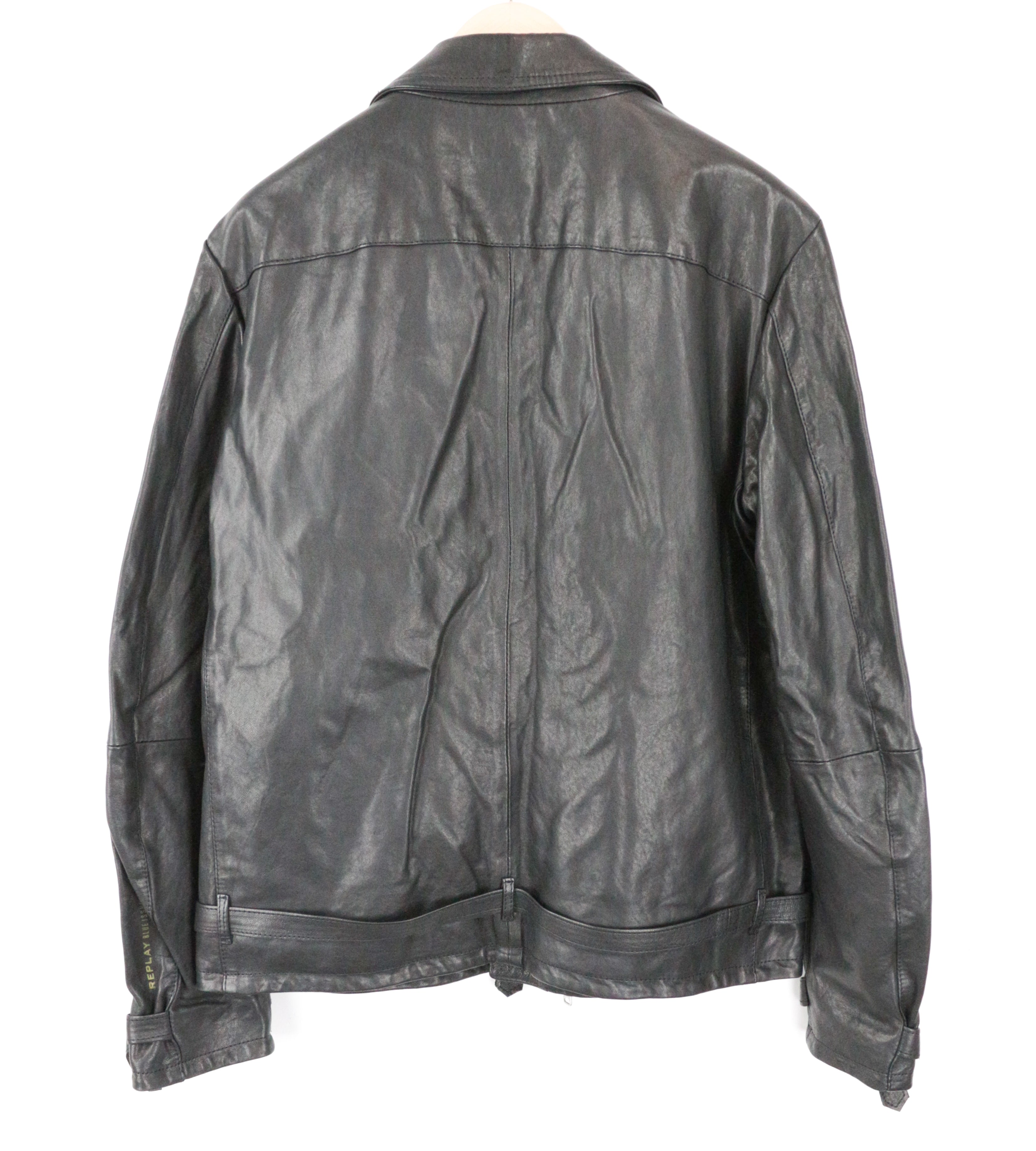 REPLAY Men's XL Black Lambskin Biker Jacket Belted Collared Pocketed Lined