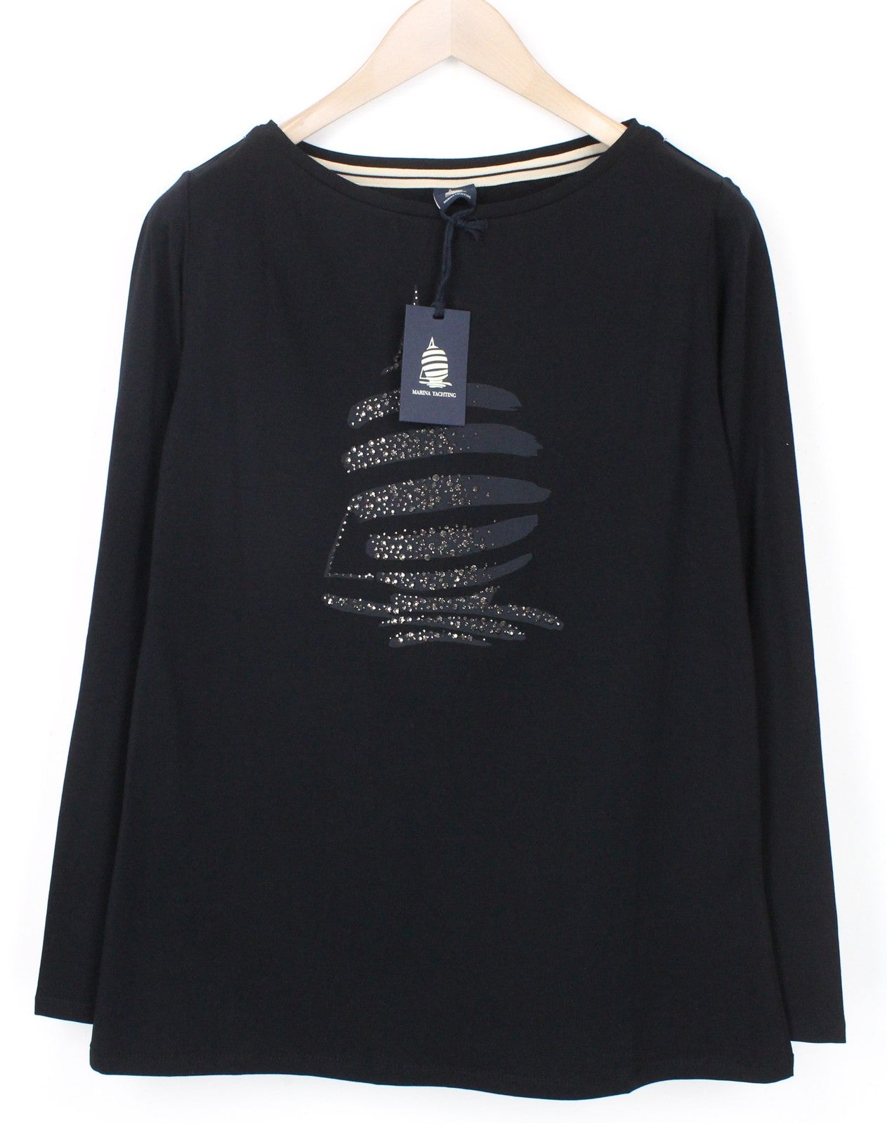 MARINA YACHTING Women's T-Shirt L Black Crew Neck Jersey Rhinestone Pullover