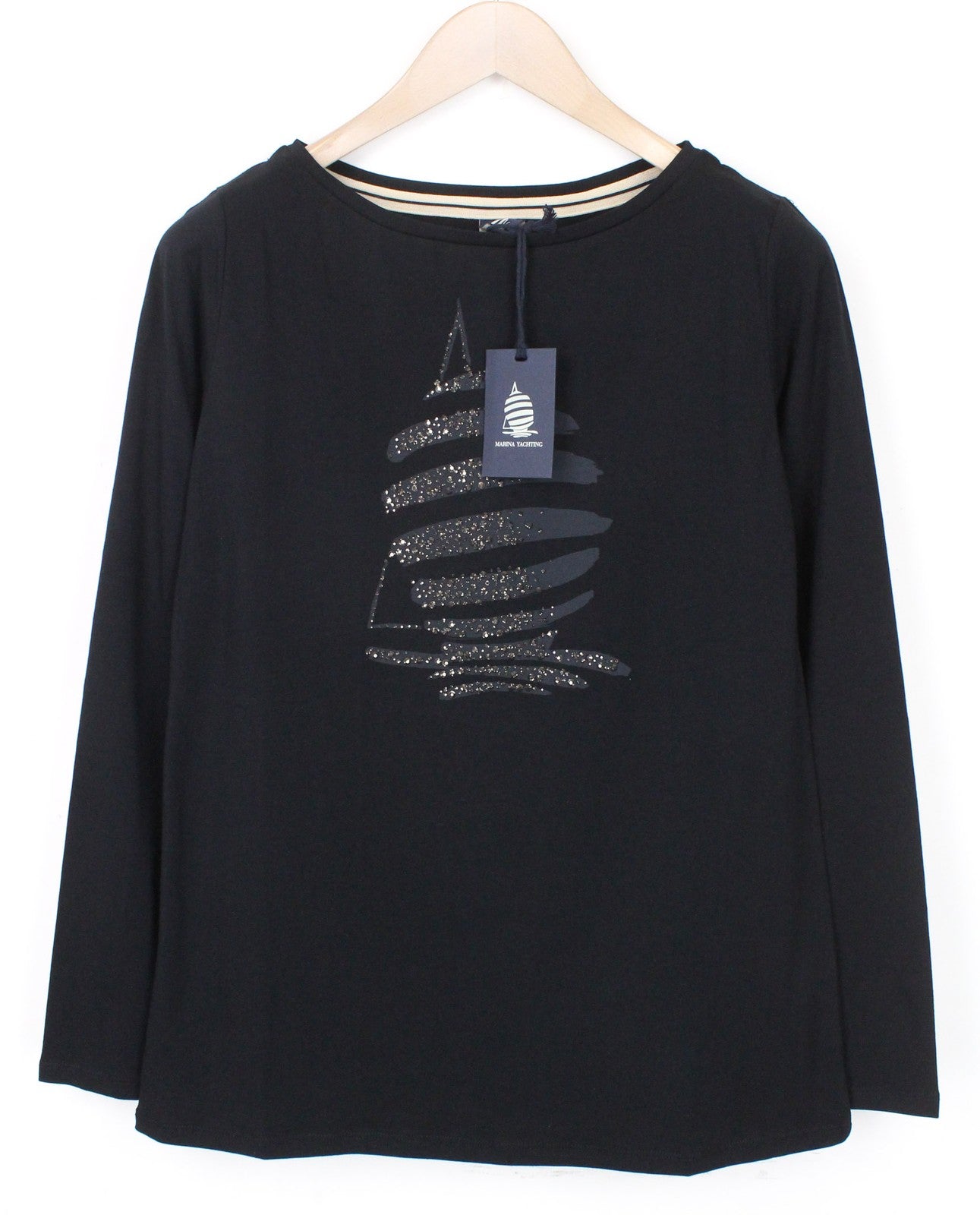 MARINA YACHTING Women T-Shirt S Black Cotton Crew Neck  Rhinestone Pullover