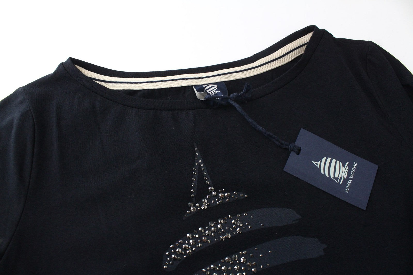MARINA YACHTING Women T-Shirt S Black Cotton Crew Neck  Rhinestone Pullover