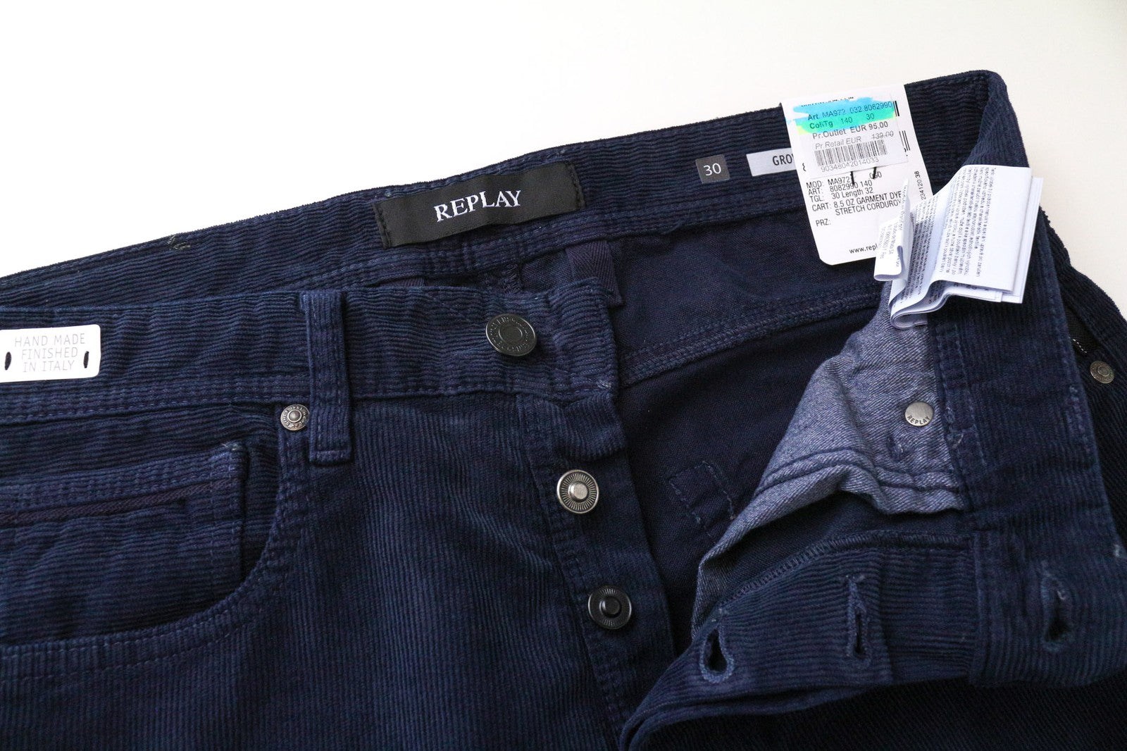 REPLAY Grover Men's Corduroy Trousers W30/L32 Blue Straight Cotton Stretch