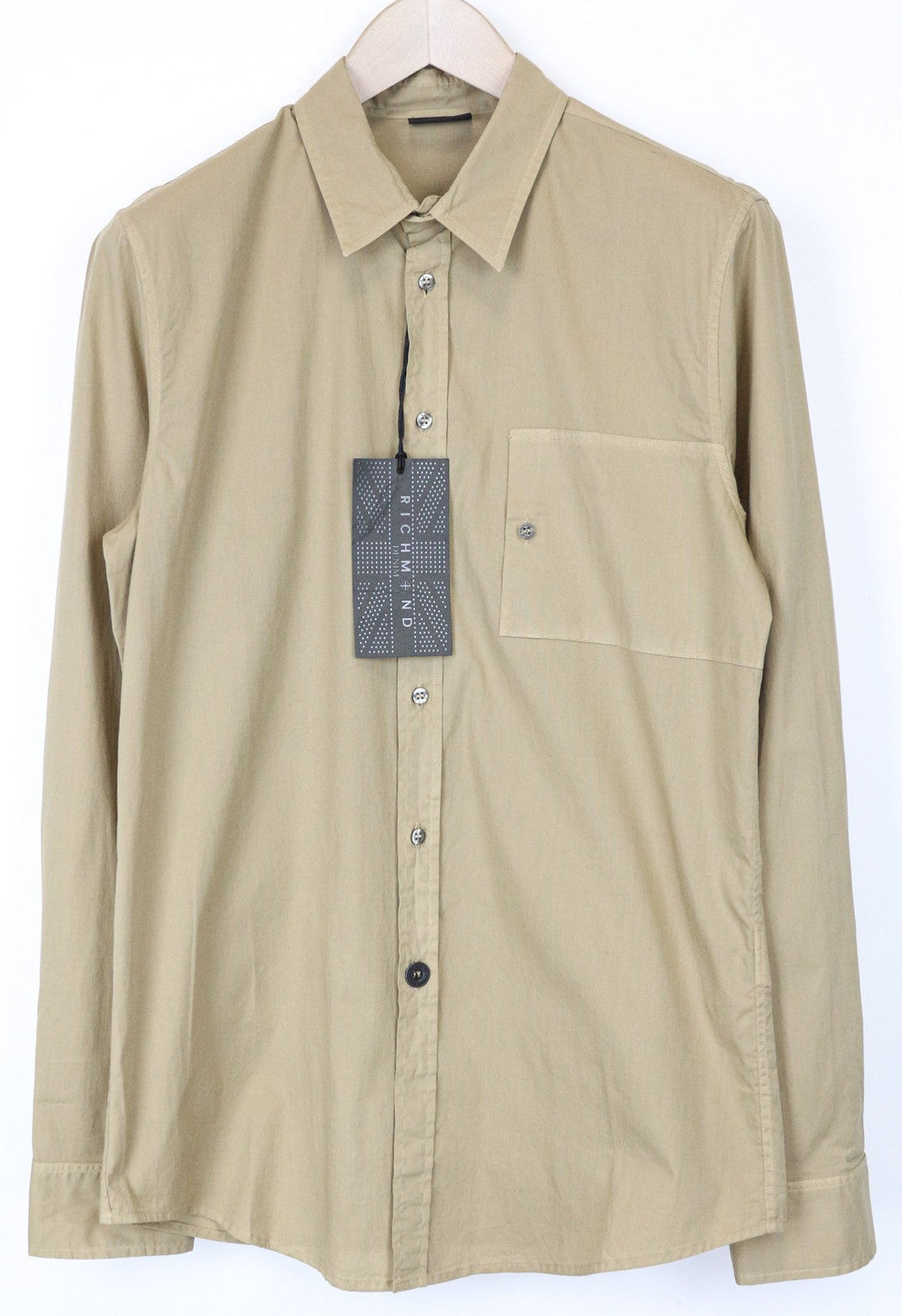 RICHMOND Men's Shirt L Light Brown Cotton Stretch Long Sleeve Buttoned