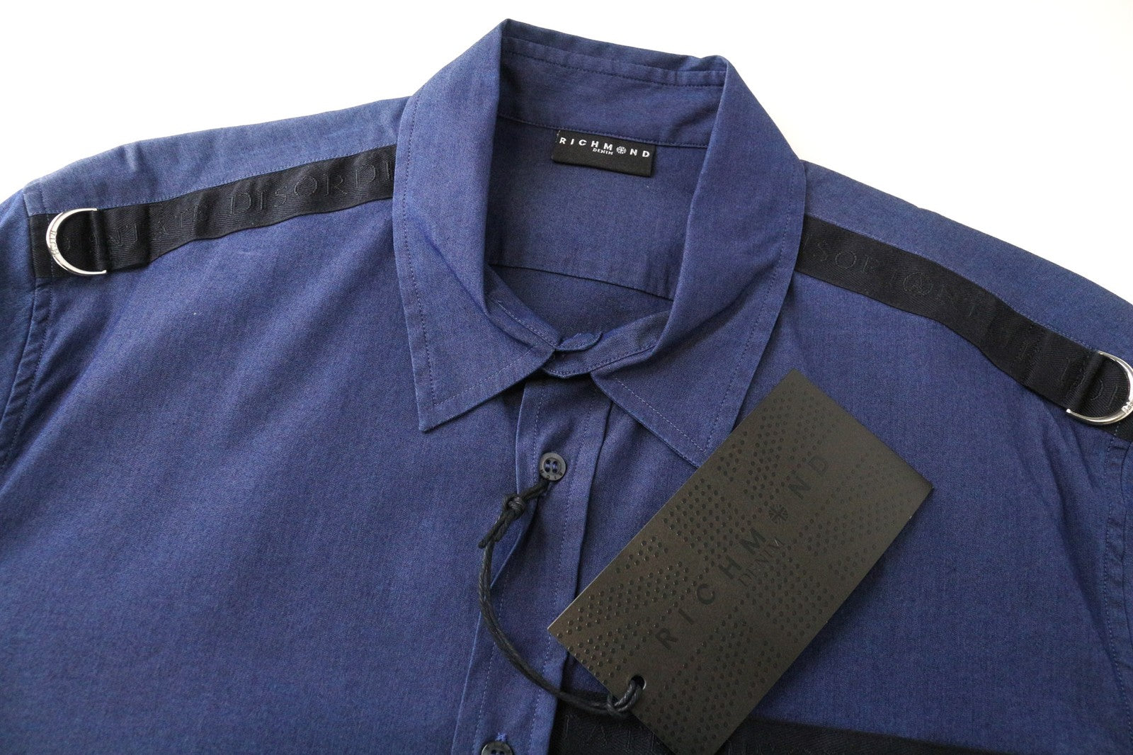 RICHMOND Men's Shirt L Blue Cotton Stretch Collared Long Sleeve Pocketed