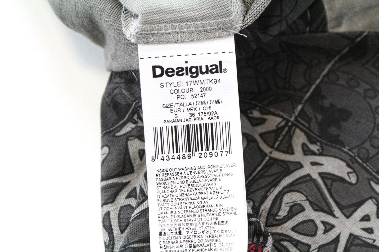 DESIGUAL Catai Men's T-Shirt S Grey Pure Cotton Short Sleeve Patterned Top