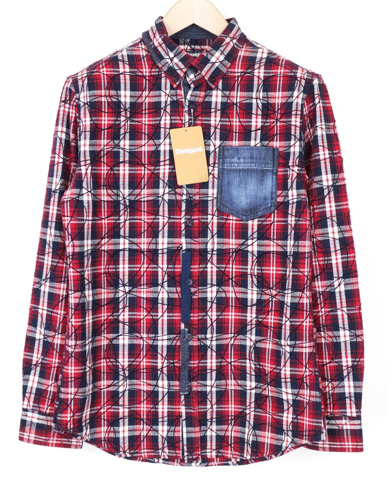 DESIGUAL Juli Men's Shirt S Checked Pure Cotton Long Sleeve Pocket Front