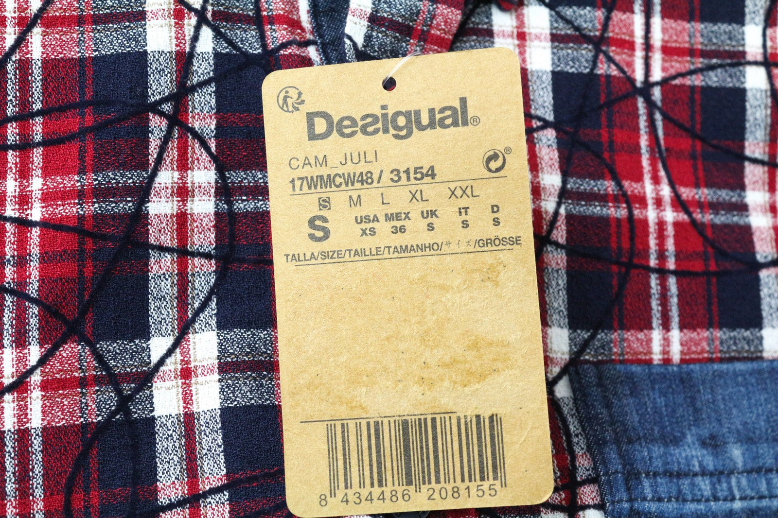 DESIGUAL Juli Men's Shirt S Checked Pure Cotton Long Sleeve Pocket Front