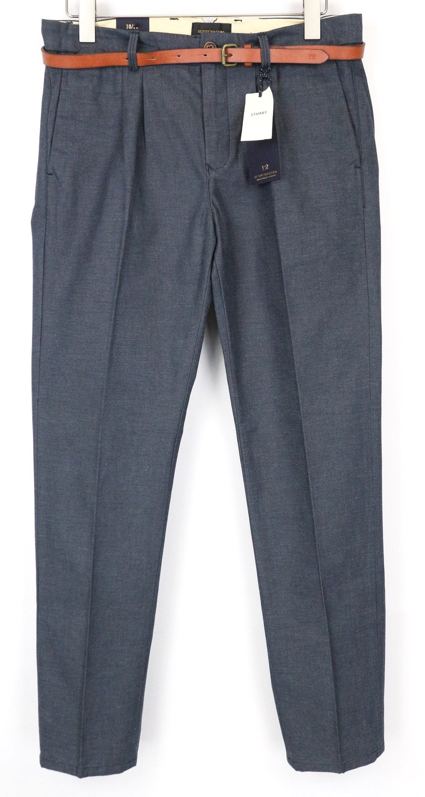 SCOTCH & SODA Stuart Men's Trousers W30/L32 Slim Pleated Greyish Blue Cotton