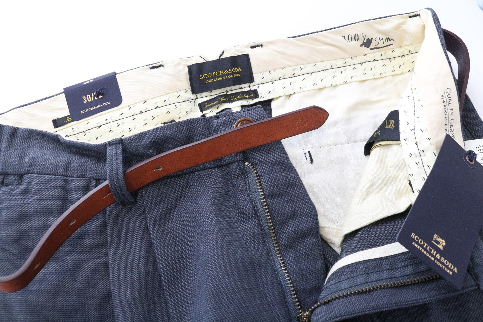 SCOTCH & SODA Stuart Men's Trousers W30/L32 Slim Pleated Greyish Blue Cotton