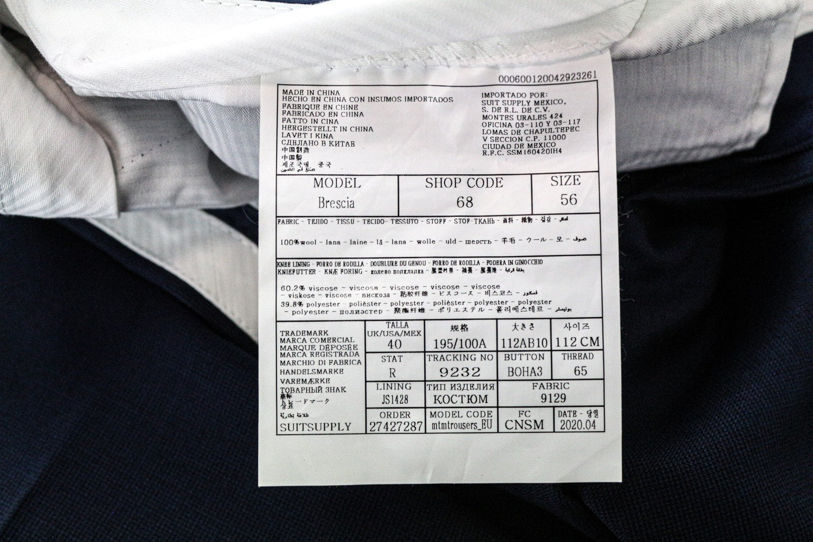 SUITSUPPLY Brescia Men's Trousers UK40R Blue Wool Pleated Lined Smart