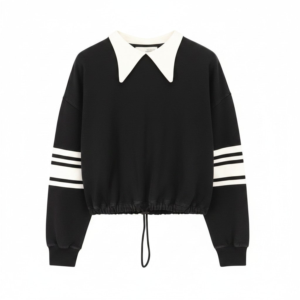JOHN RICHMOND Women Sweatshirt S Black Cropped Spread Stripe Drawstrings Logo