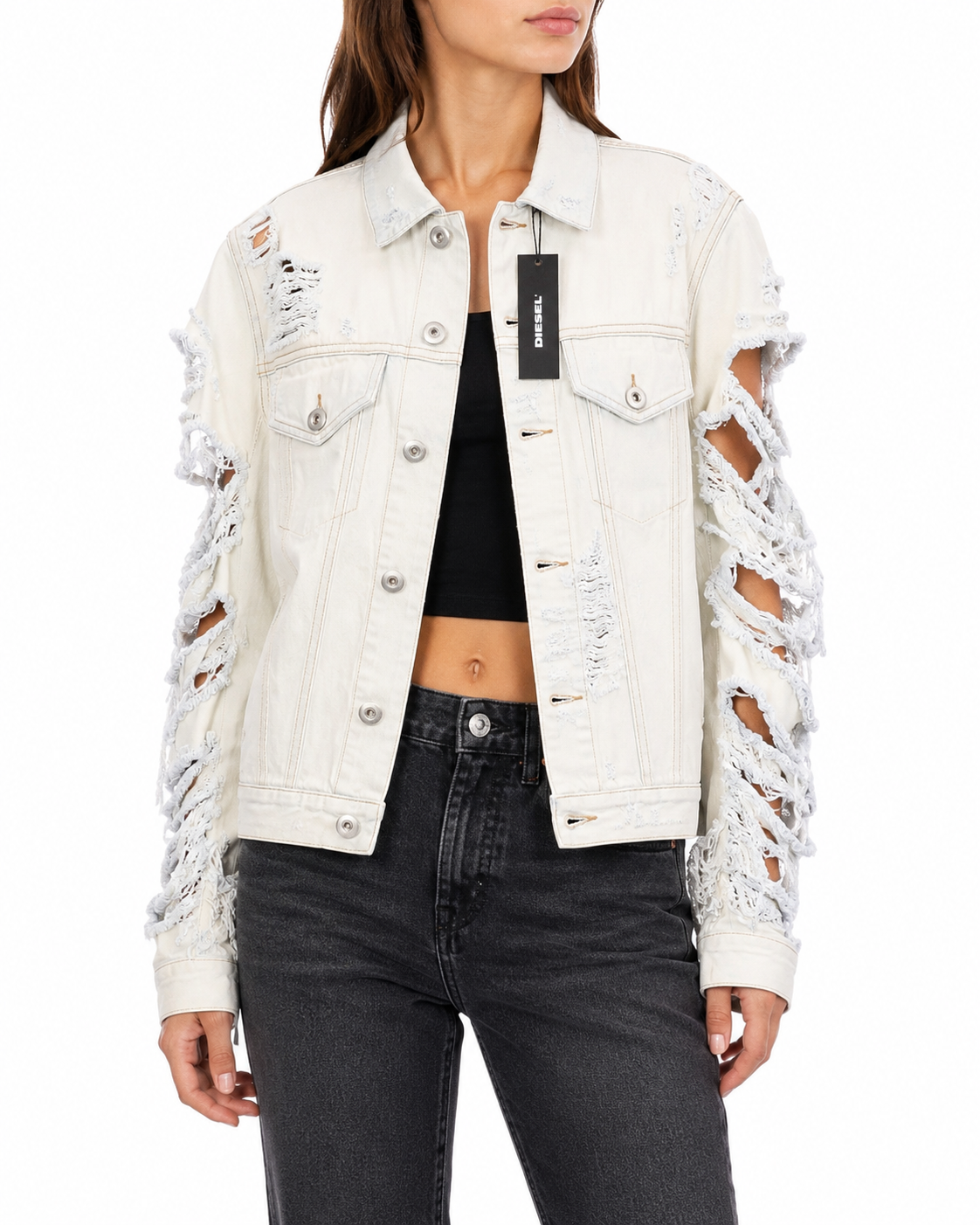 DIESEL Damenjacke De-Visty M Blau, zerrissener Distressed-Denim-Trucker, UVP250