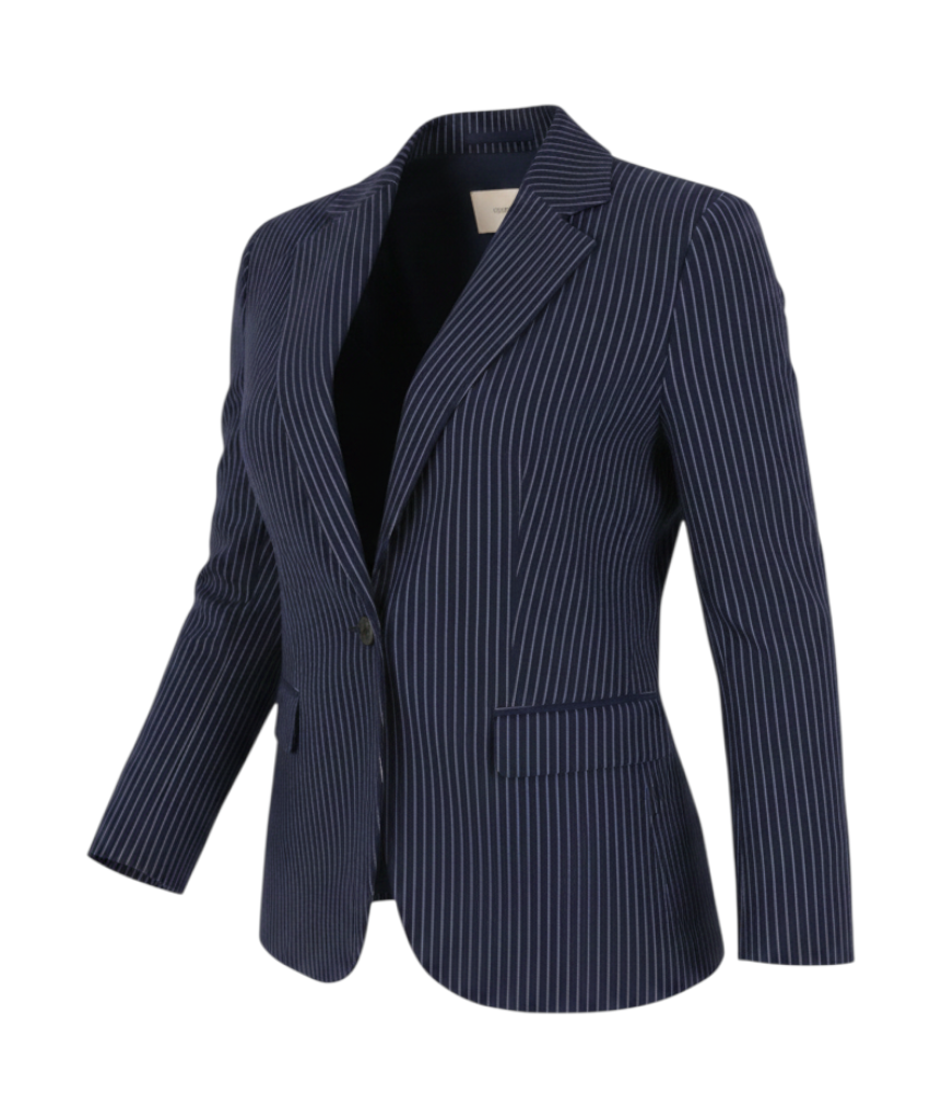 SUISTUDIO Damenblazer Cameron EU40S aus blauem, nadelgestreiftem Wollstoff, einreihig
