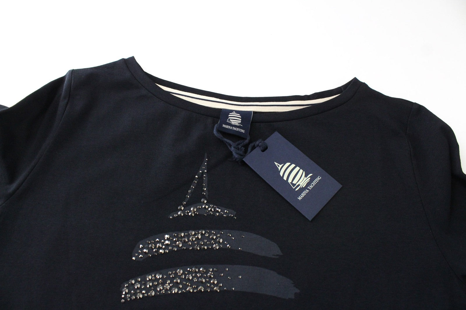 MARINA YACHTING WOMEN S Black Cotton Pullover T-Shirt Rhinestone Logo Detail