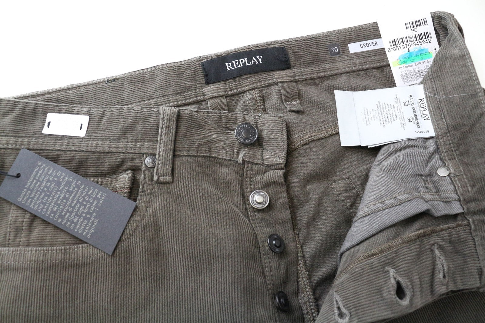 REPLAY Grover Men's Trousers W30/L34 Straight Brown Corduroy Cotton Stretch