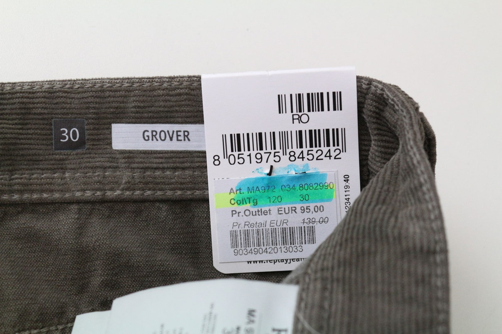 REPLAY Grover Men's Trousers W30/L34 Straight Brown Corduroy Cotton Stretch