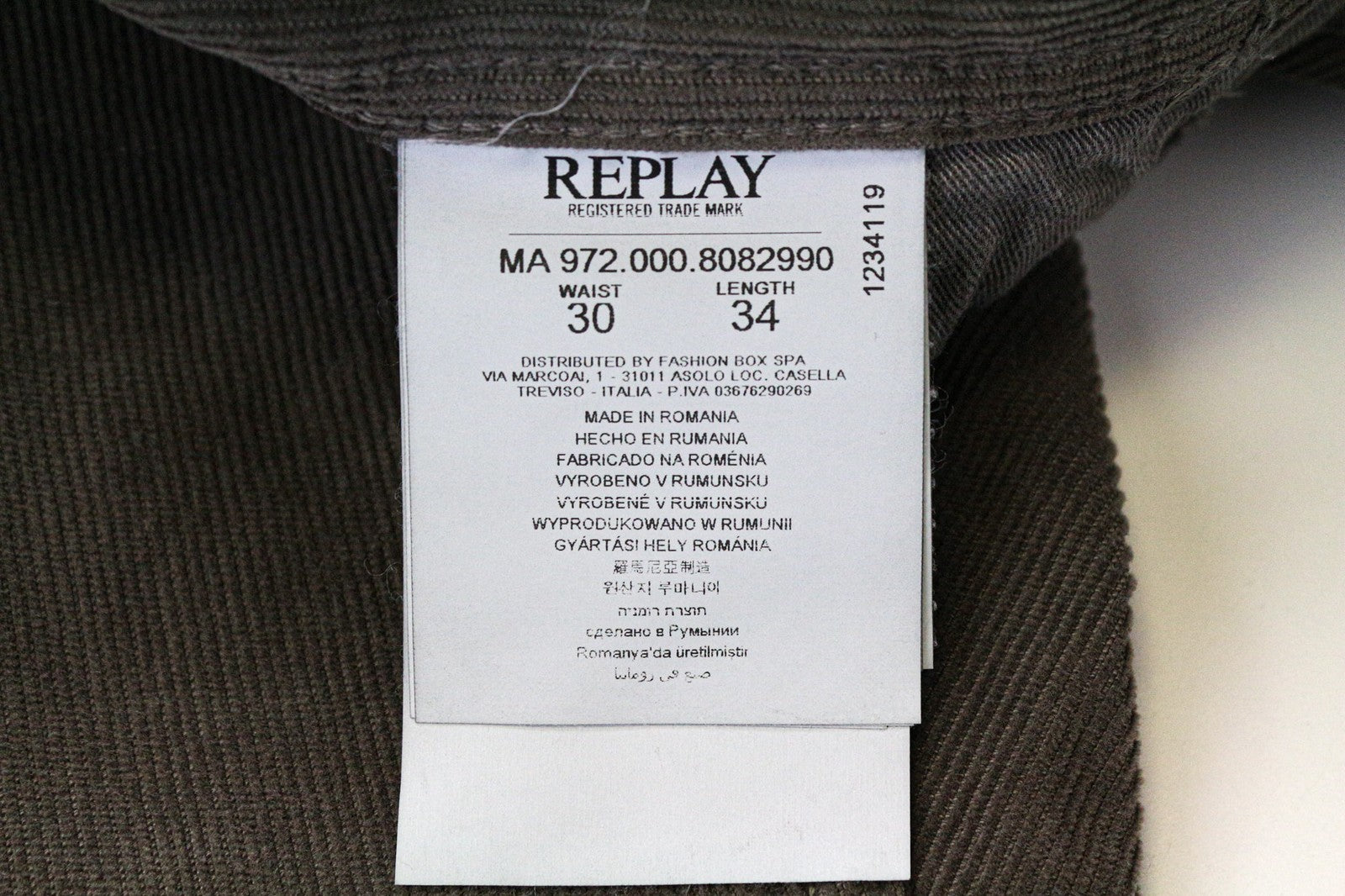 REPLAY Grover Men's Trousers W30/L34 Straight Brown Corduroy Cotton Stretch