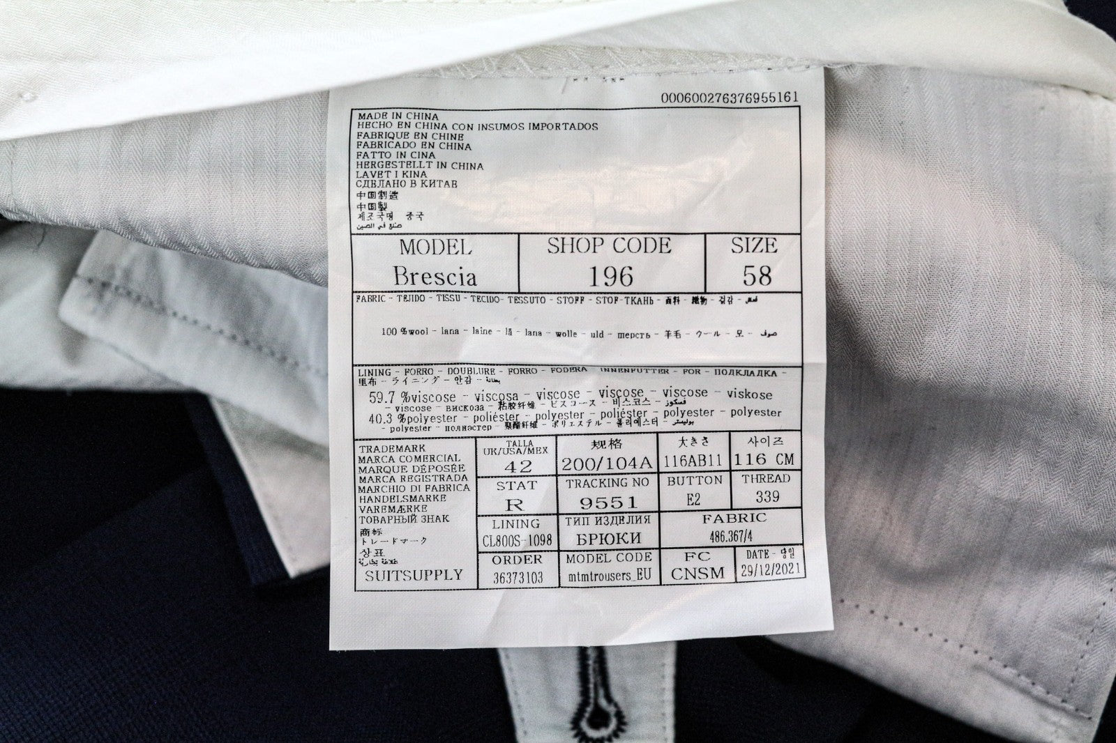 SUITSUPPLY Brescia Men's Trousers UK42R Blue Wool Pleated Fit Adjusters