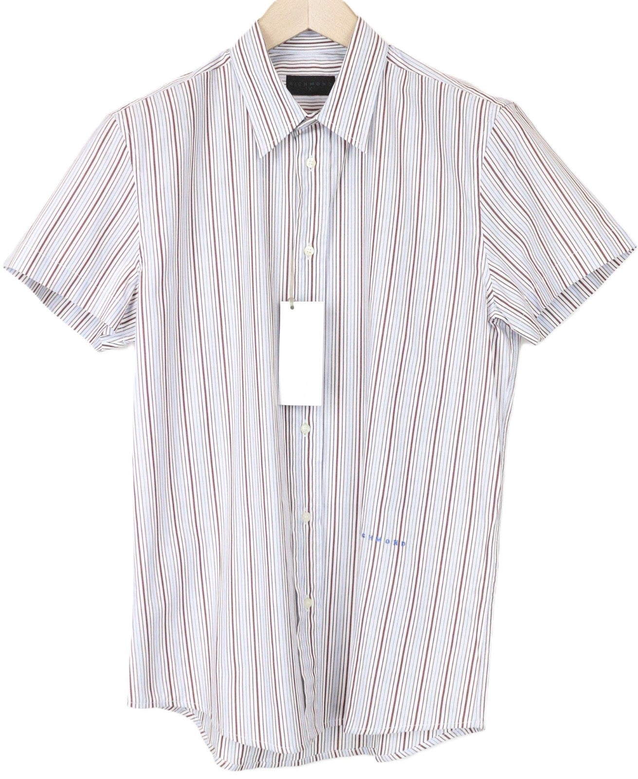 RICHMOND Men's Shirt 48 White Cotton Striped Short Sleeve Smart Buttoned