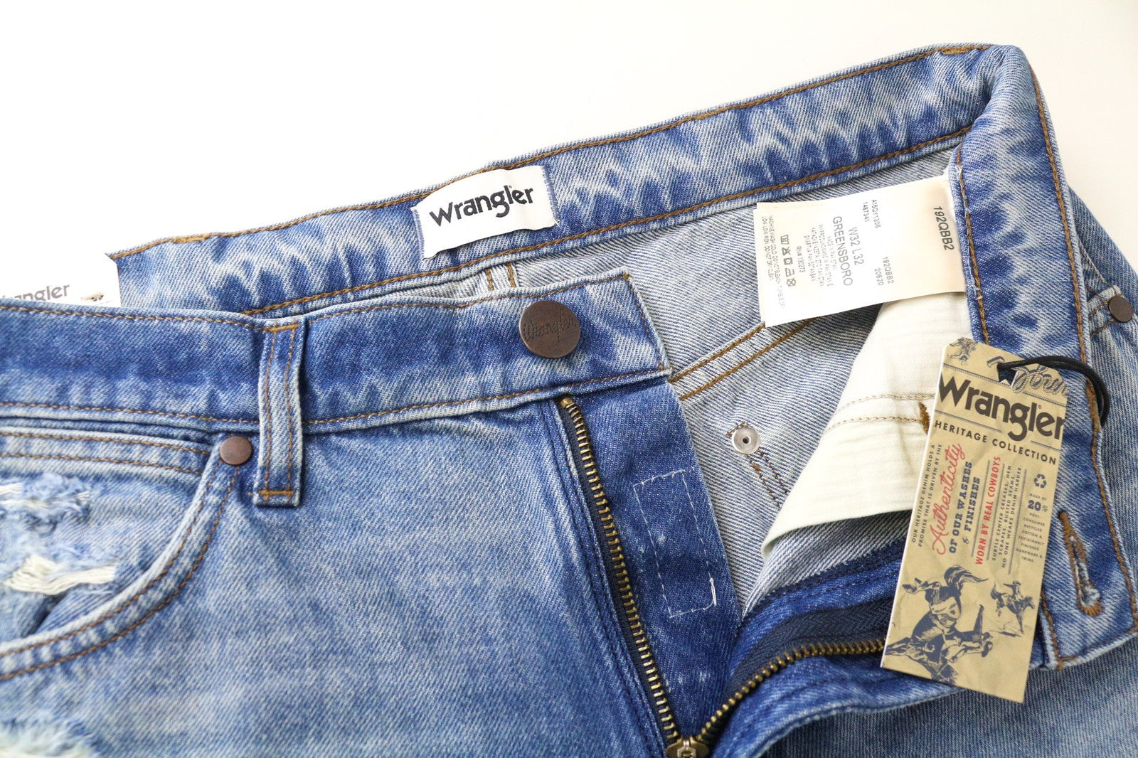 WRANGLER Greensboro Men's Jeans W32/L32 Straight Regular Ripped Washed Blue