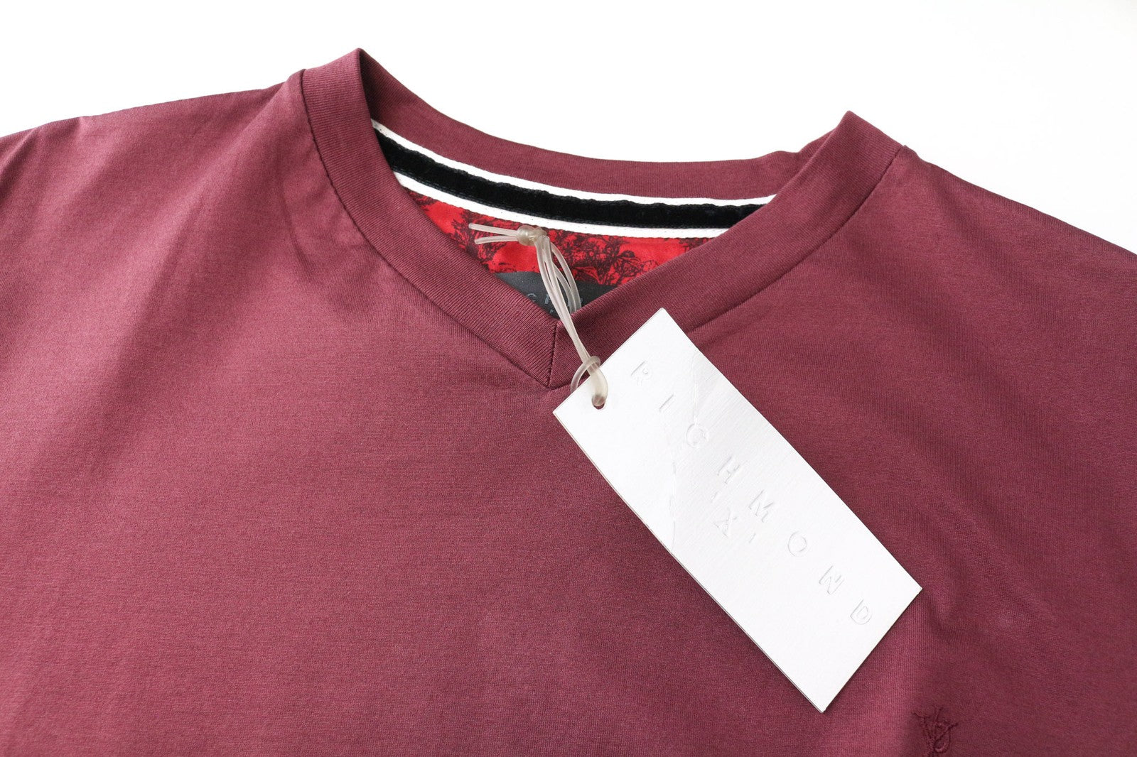 RICHMOND Men's T-Shirt L Dark Red Cotton Short Sleeve Pullover V-Neck Top