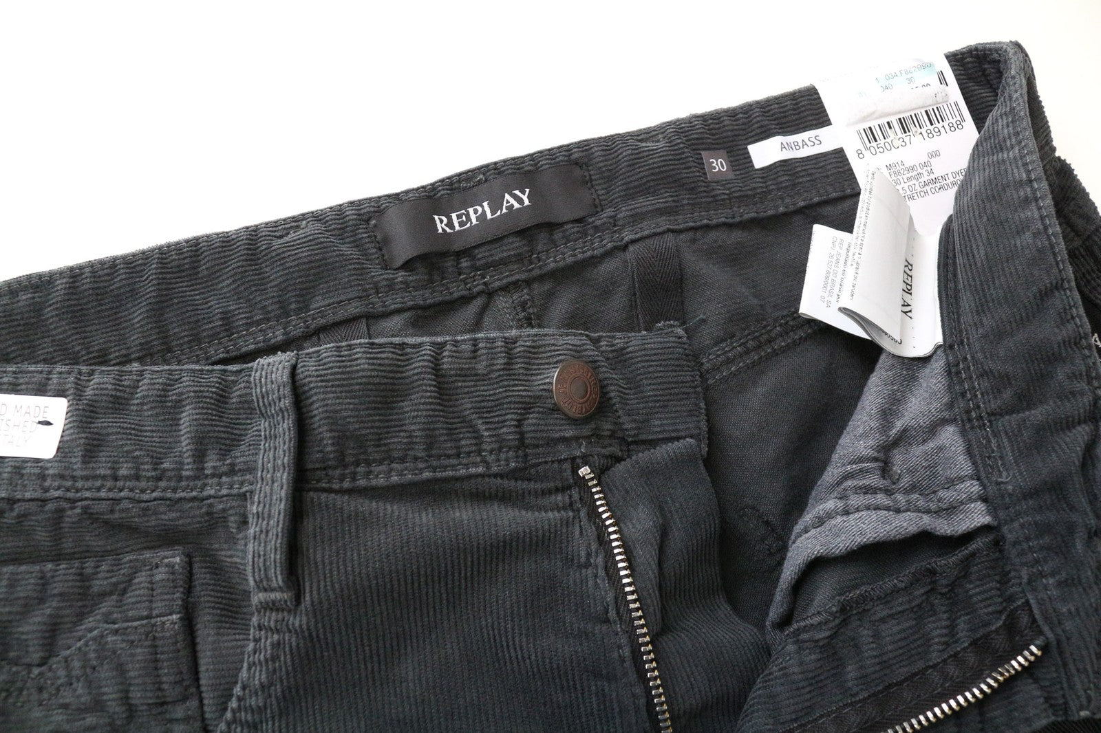 REPLAY Anbass Men's Trousers W30/L34 Slim Grey Corduroy Casual Cotton Stretch