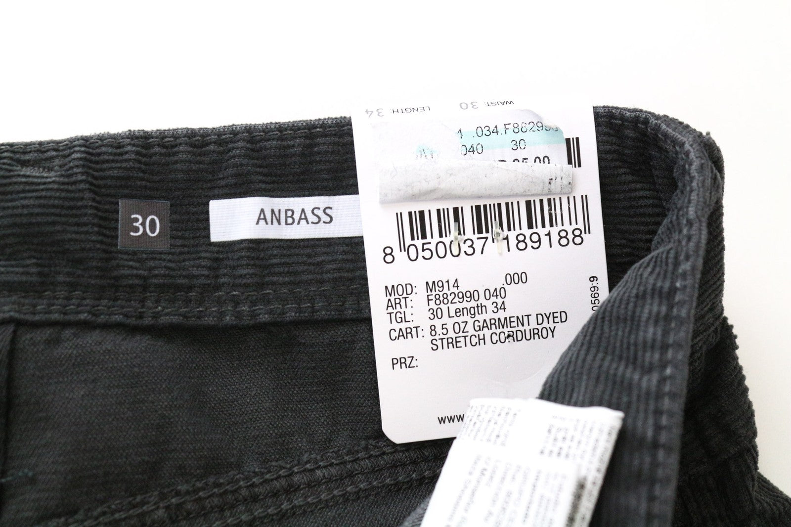 REPLAY Anbass Men's Trousers W30/L34 Slim Grey Corduroy Casual Cotton Stretch