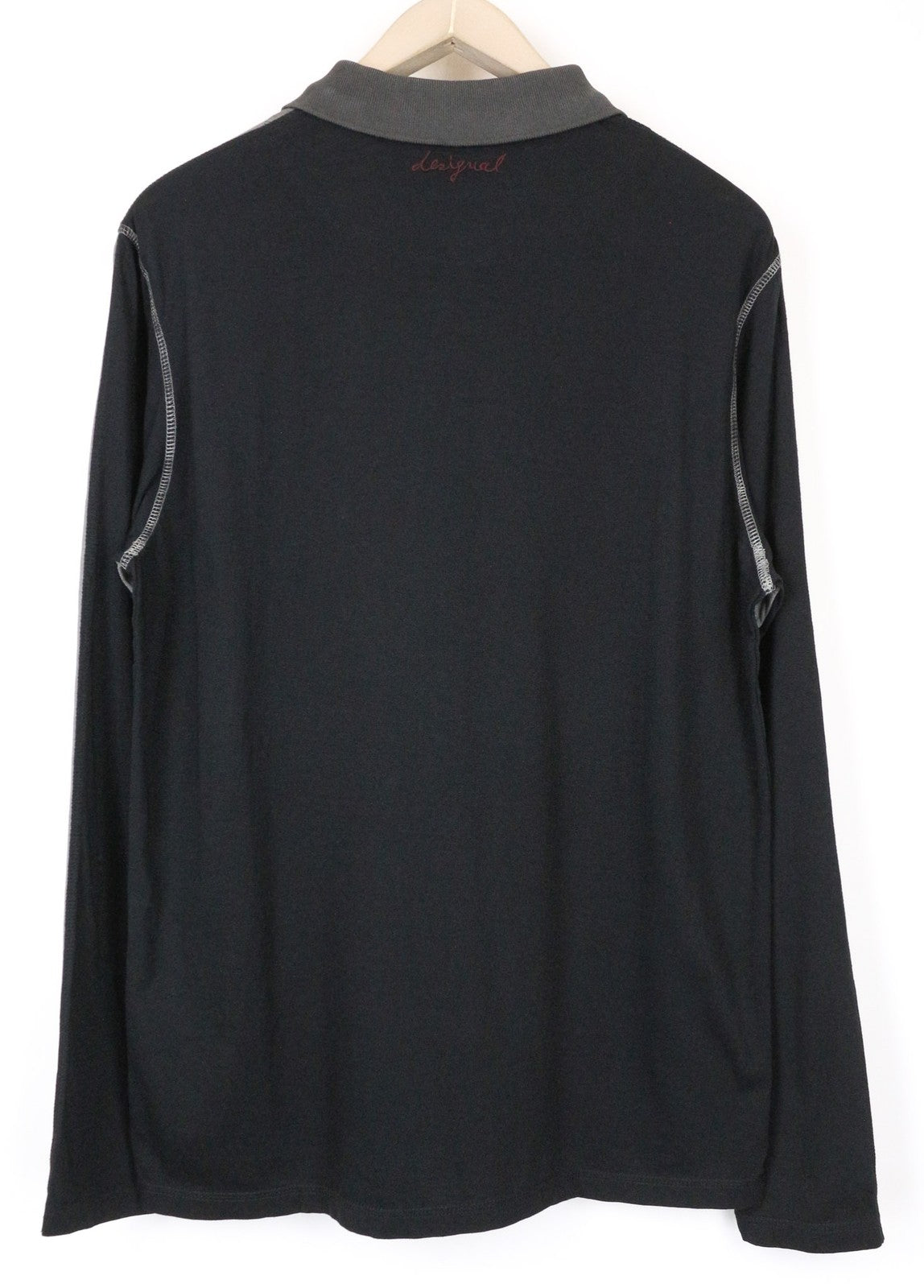 DESIGUAL Samue Men's Polo T-Shirt L Grey Cotton Washed Look Long Sleeve