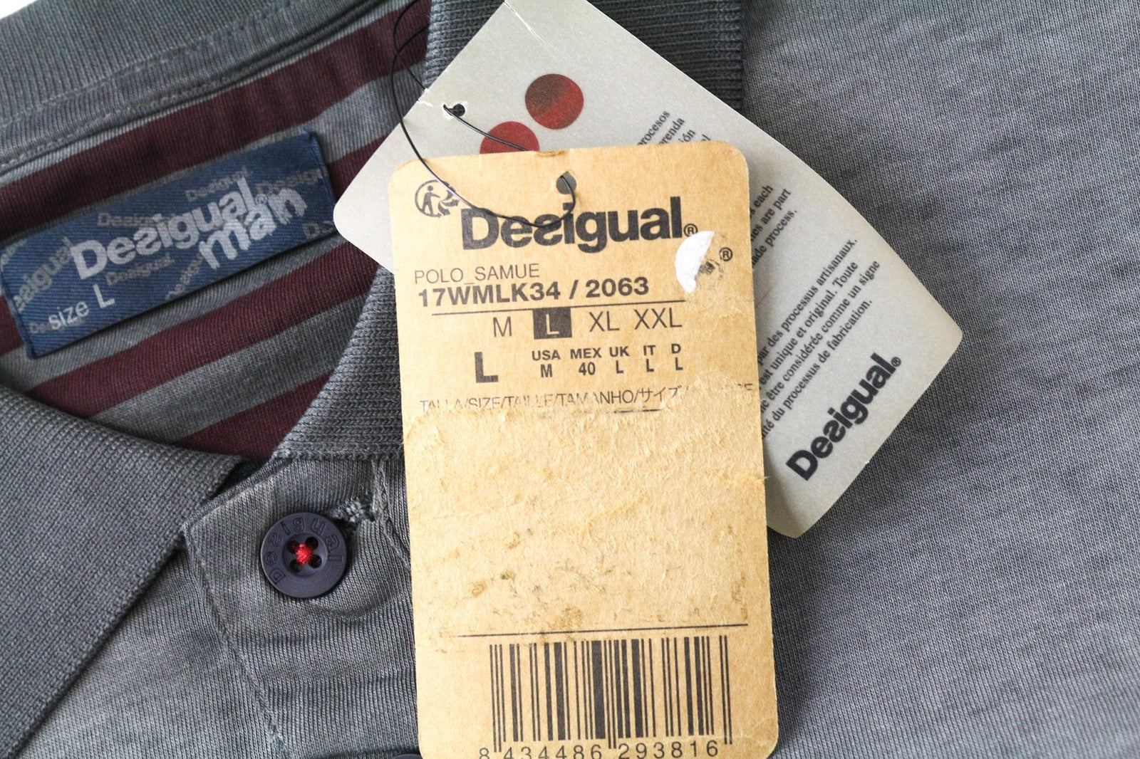 DESIGUAL Samue Men's Polo T-Shirt L Grey Cotton Washed Look Long Sleeve