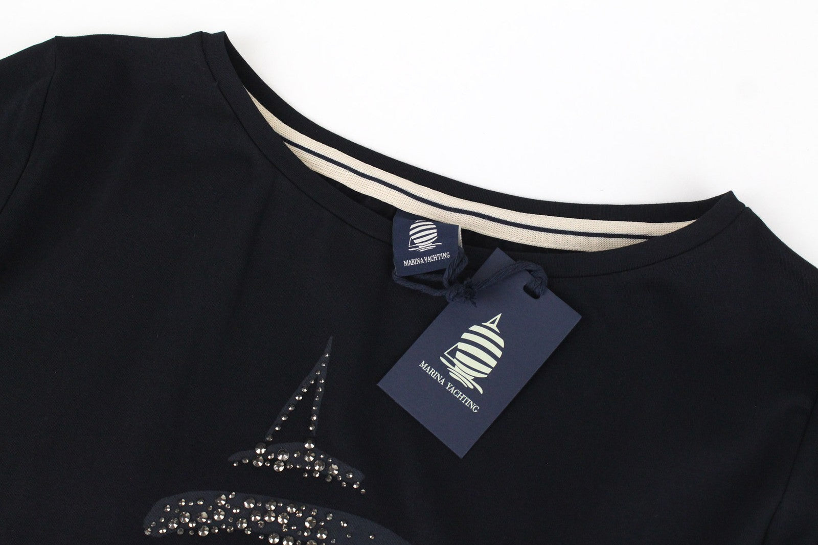 MARINA YACHTING WOMEN  S Pullover Black Cotton Jersey Rhinestone Logo T-Shirt