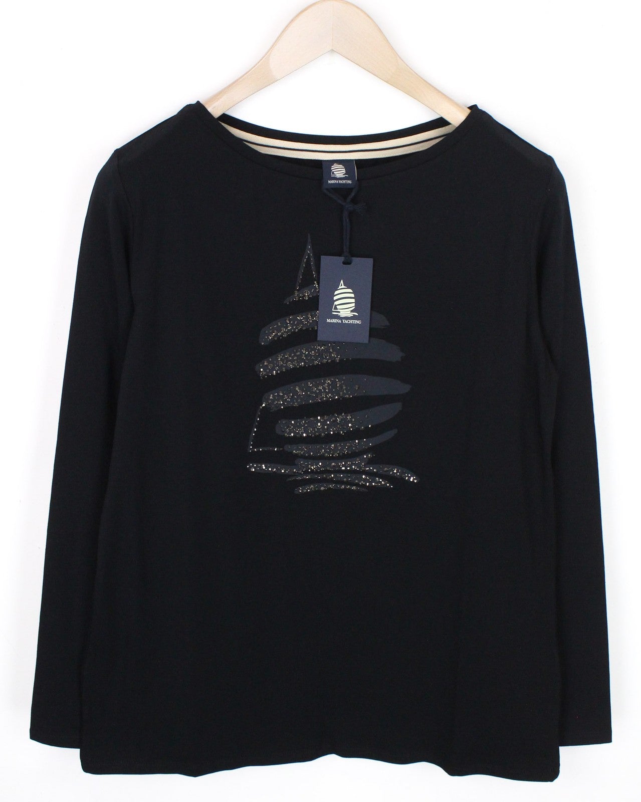 MARINA YACHTING WOMEN S Black T-Shirt Rhinestone Logo Pullover Cotton Crew