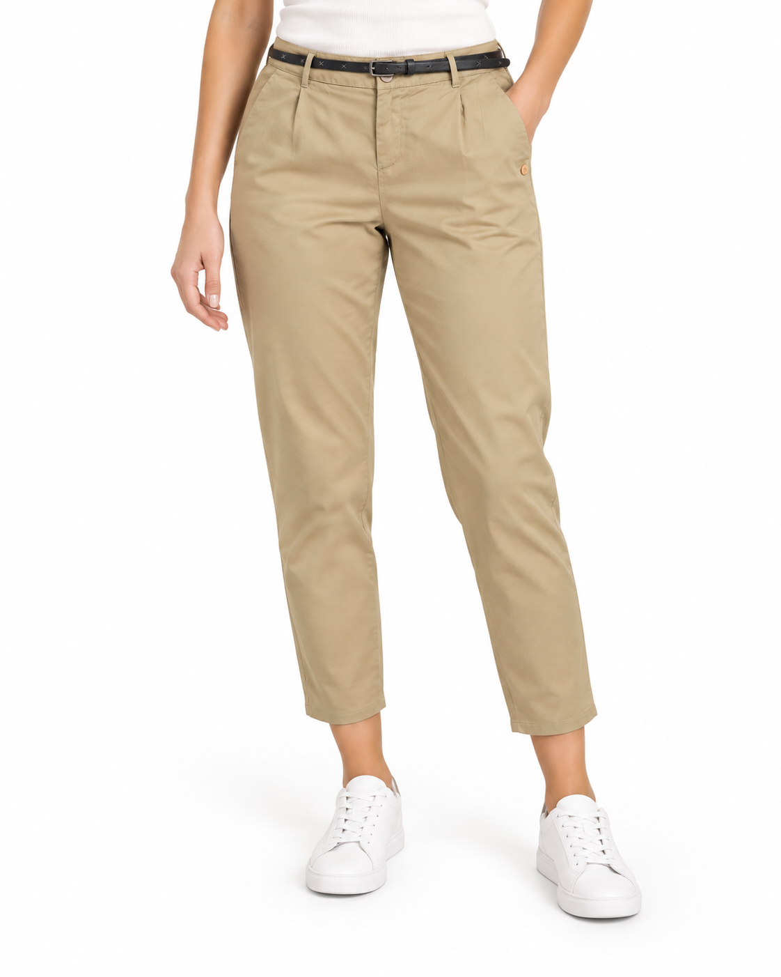 MAISON SCOTCH Damenhose W30/L32 Beige, mit Gürtel, schmale Passform, Cropped Chino