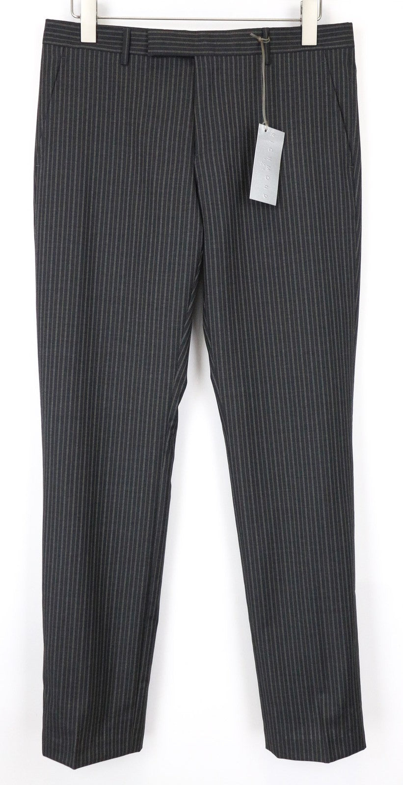 RICHMOND Men's Trousers 48 Black Pure Wool Striped Pleated Formal Patterned