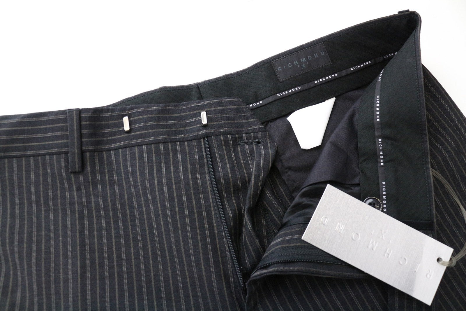 RICHMOND Men's Trousers 48 Black Pure Wool Striped Pleated Formal Patterned