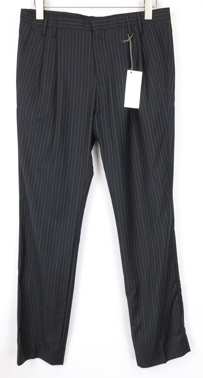RICHMOND Men's Trousers 48 Black Wool Pleated Formal Pants Striped Pattern