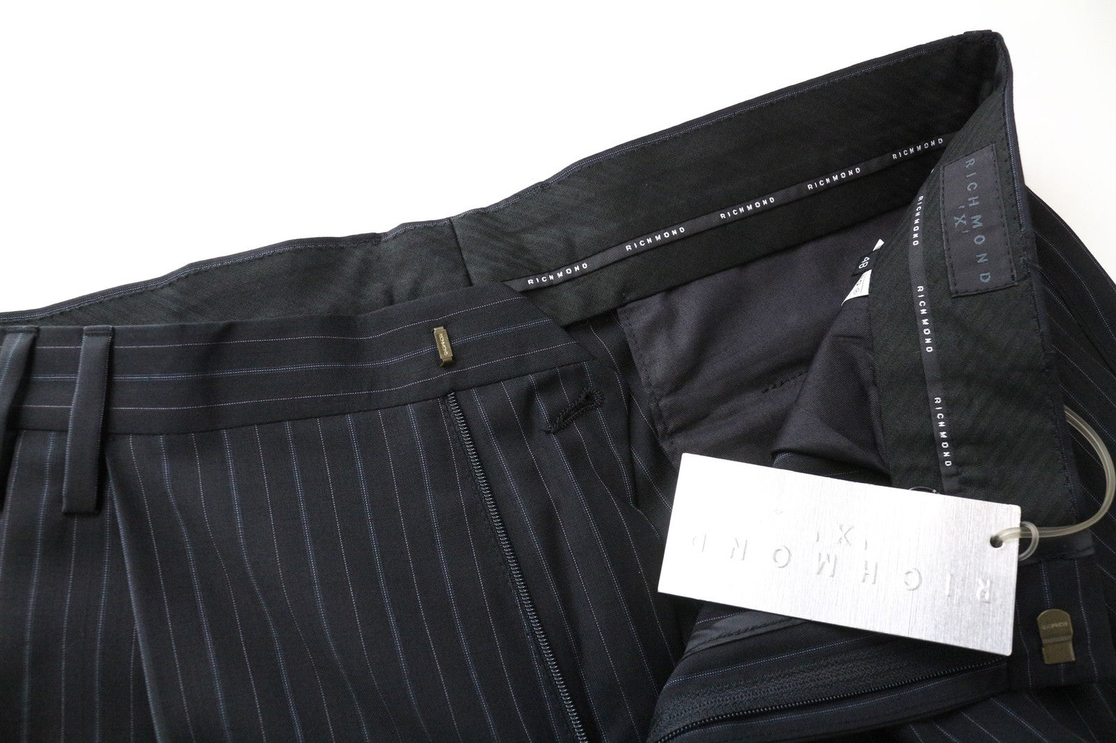 RICHMOND Men's Trousers 48 Black Wool Pleated Formal Pants Striped Pattern