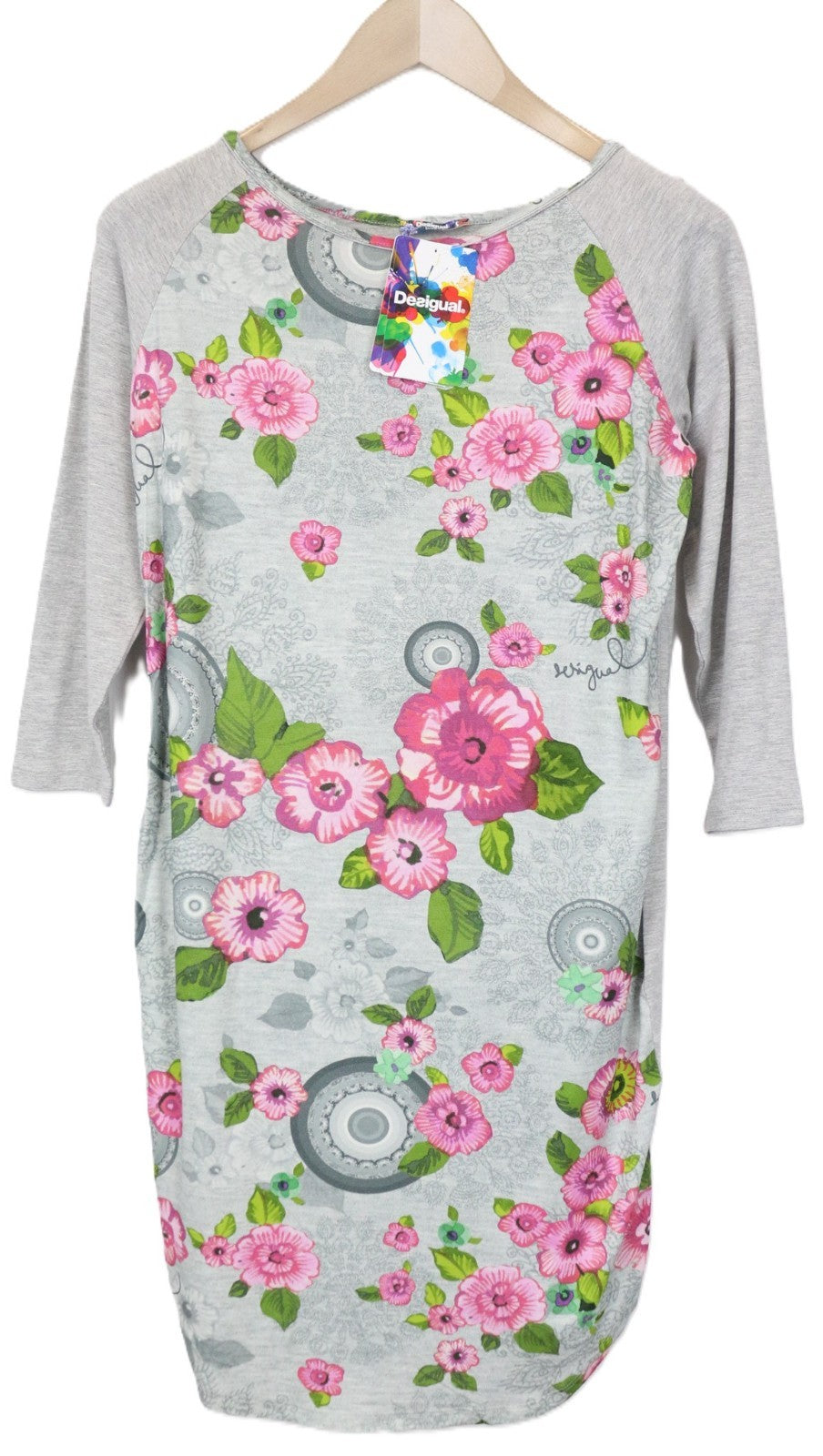 DESIGUAL Livingwear Women's Dress S Grey Stretch Mandala Floral Patterned