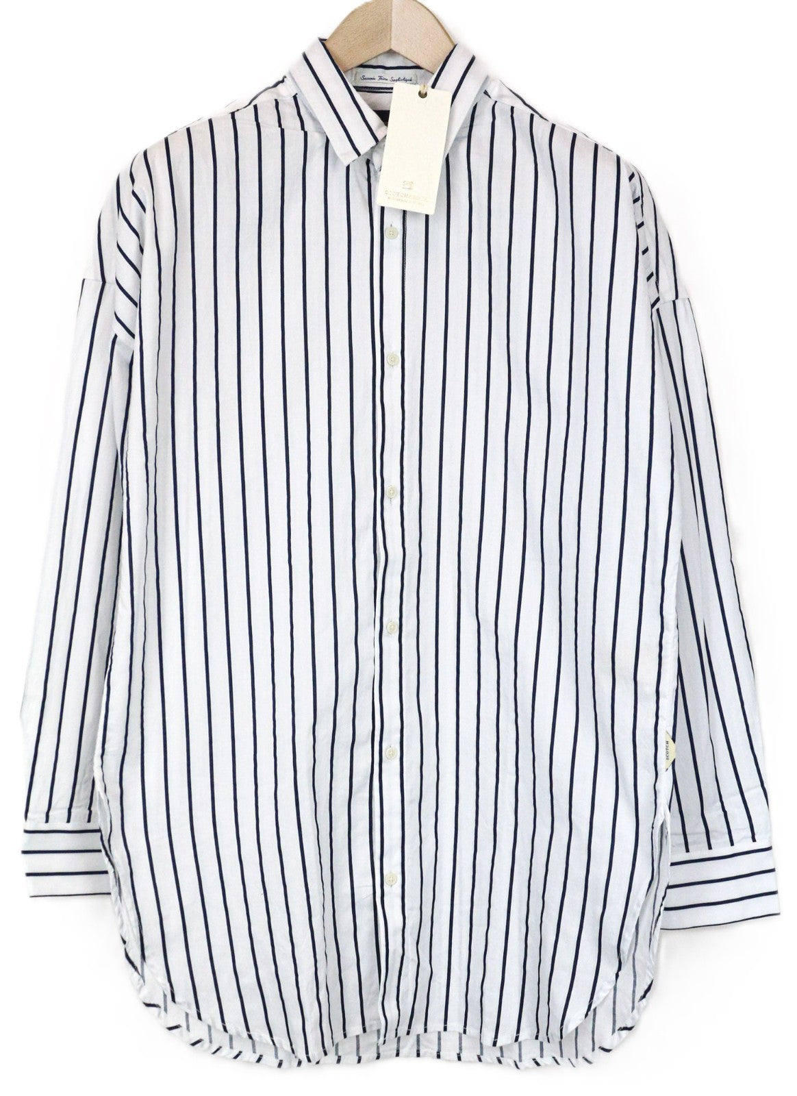 SCOTCH & SODA Men's Shirt M White Cotton Pinstripe Long Sleeve Asymmetric