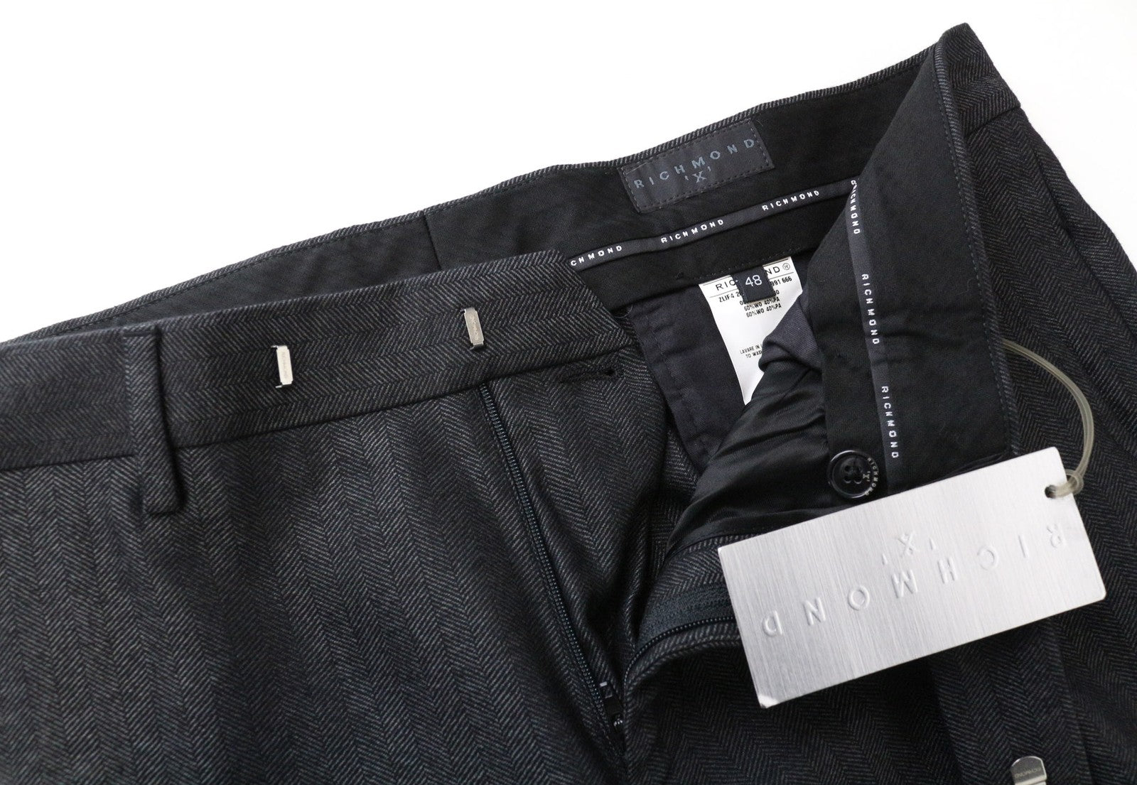 RICHMOND Men's Trousers 48 Dark Grey Wool Blend Pleated Classic Pattern Pants