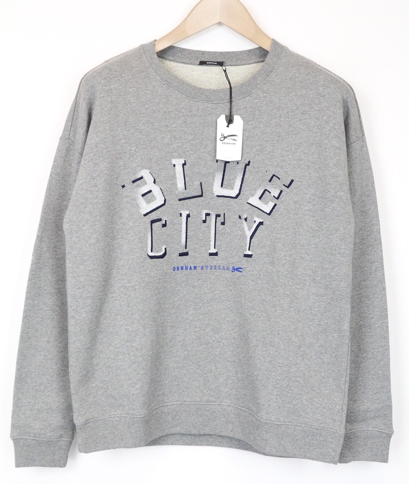 DENHAM Blue City Women Sweatshirt S Grey Cotton Logo Crewneck Long Sleeve