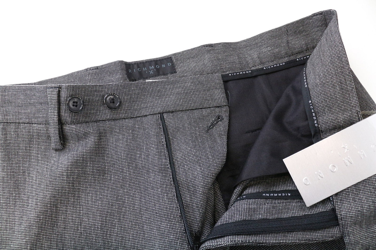 RICHMOND Men's Trousers IT48 Grey Bird's Eye Check Wool Blend Classic Flat-Front