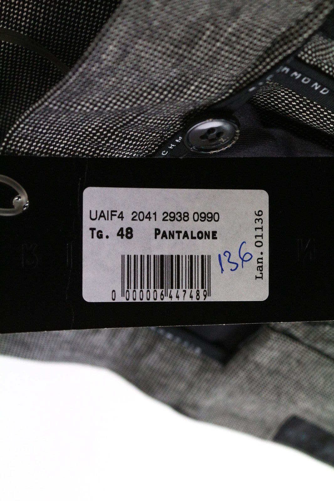 RICHMOND Men's Trousers IT48 Grey Bird's Eye Check Wool Blend Classic Flat-Front