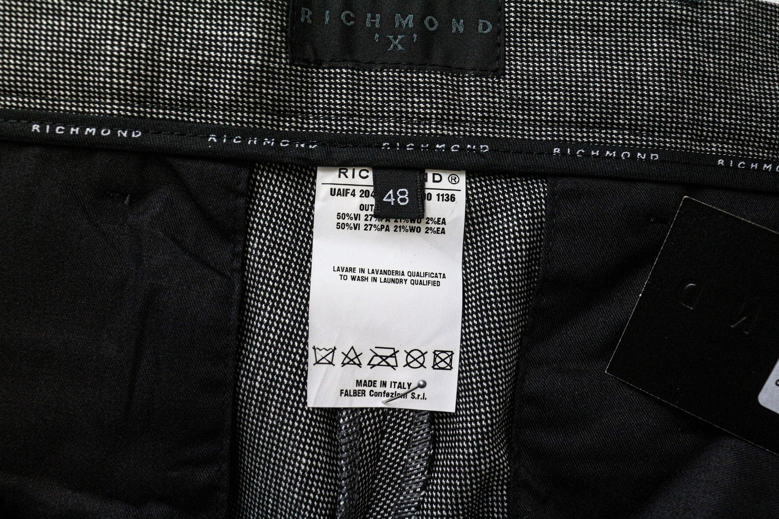 RICHMOND Men's Trousers IT48 Grey Bird's Eye Check Wool Blend Classic Flat-Front