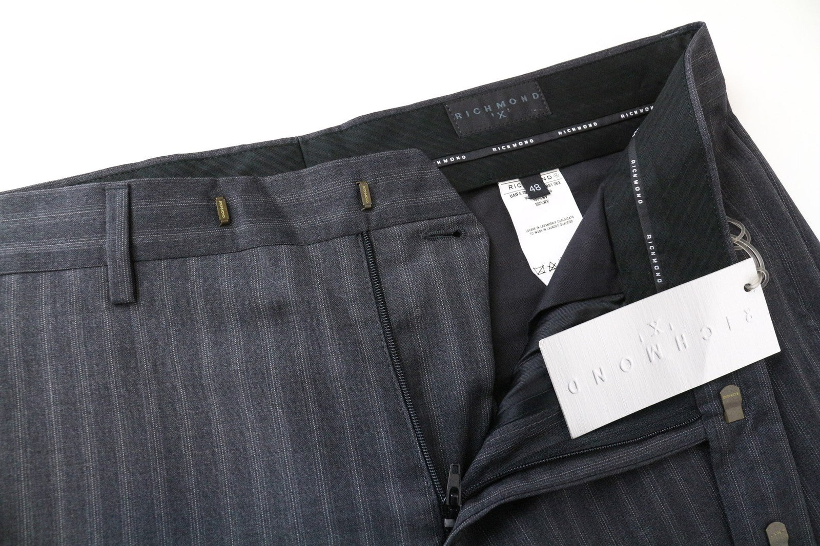 RICHMOND Men's Trousers IT48 Grey Pure Virgin Wool Striped Flat-Front Classic