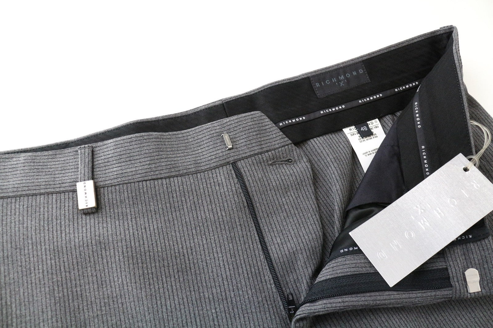 RICHMOND Men's Trousers 48 Grey Striped Pattern Stretch Pleated Classic Design