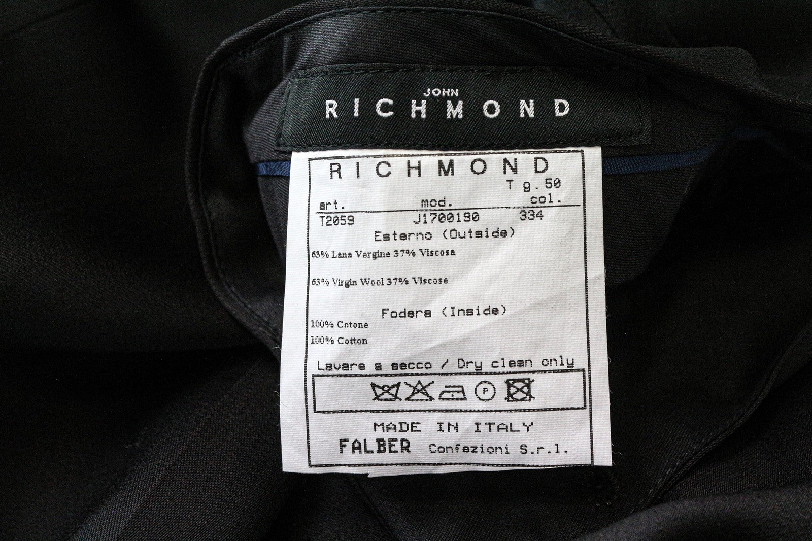 JOHN RICHMOND Men's Trousers IT50 Black Virgin Wool Blend Classic Flat-Front