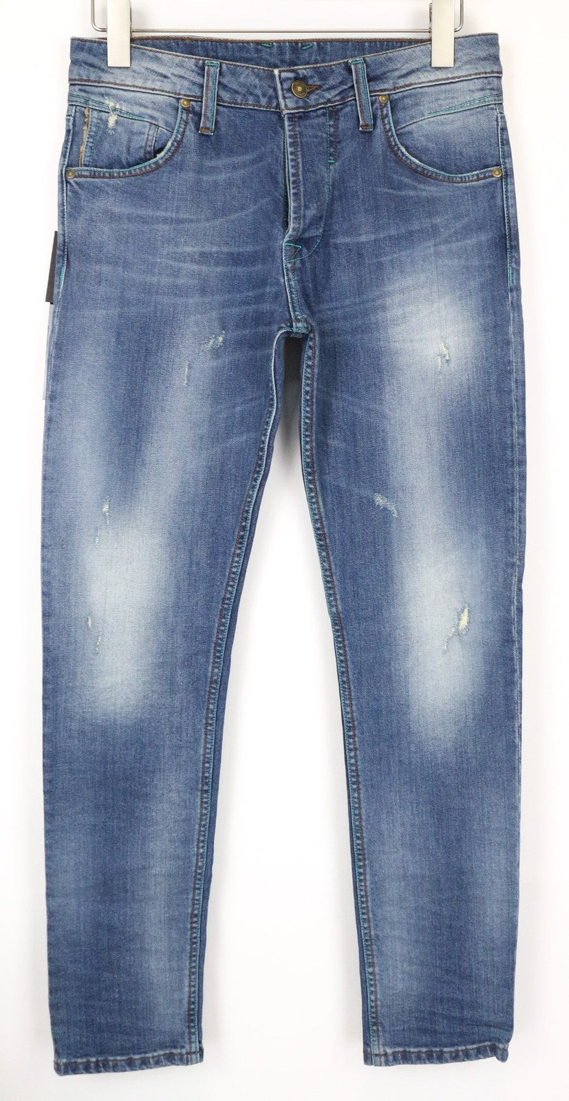 TAKESHY KUROSAWA TK 75 Men's Jeans W34 Blue Distressed Slim Stretch Button Fly