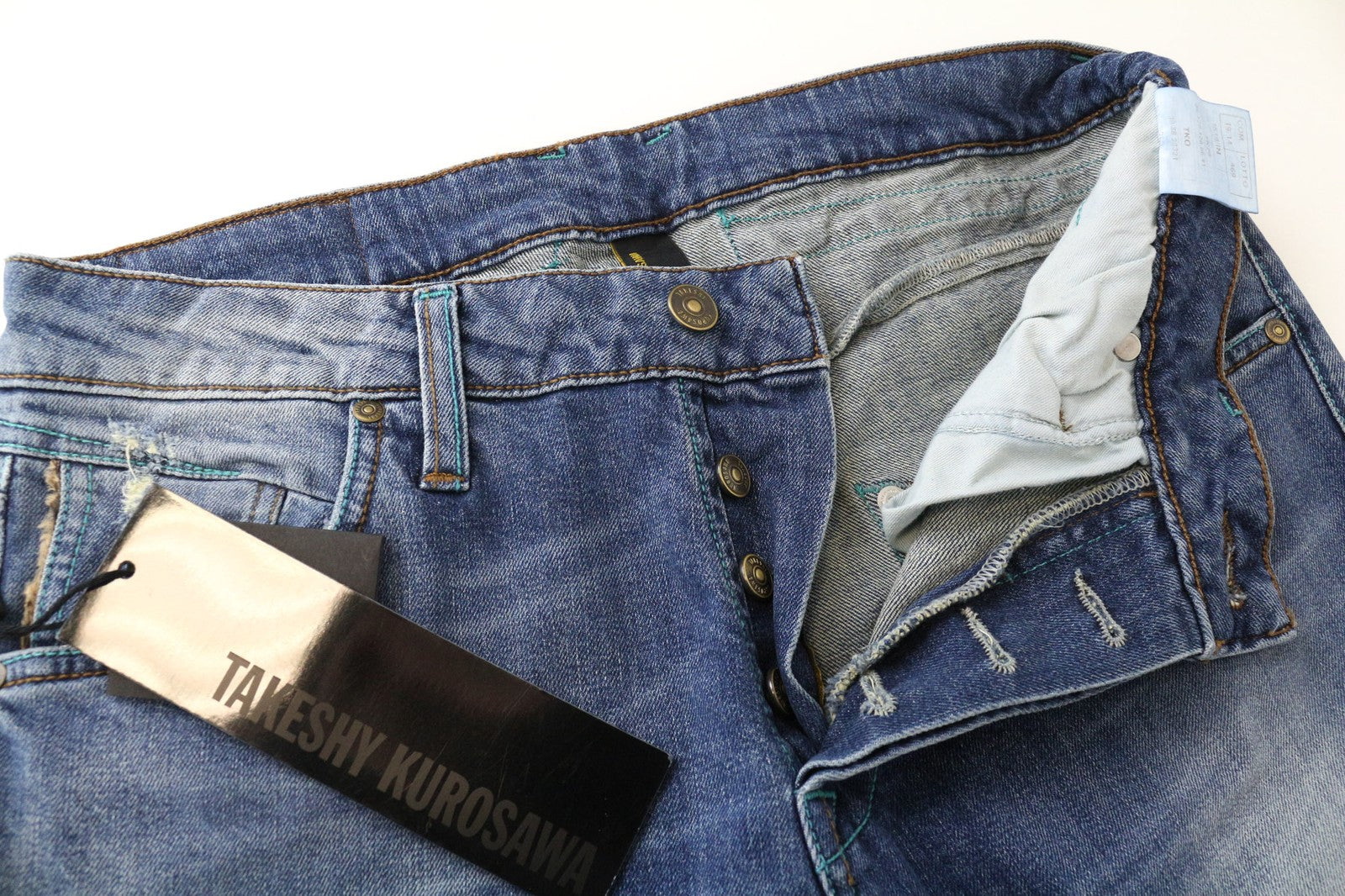 TAKESHY KUROSAWA TK 75 Men's Jeans W34 Blue Distressed Slim Stretch Button Fly
